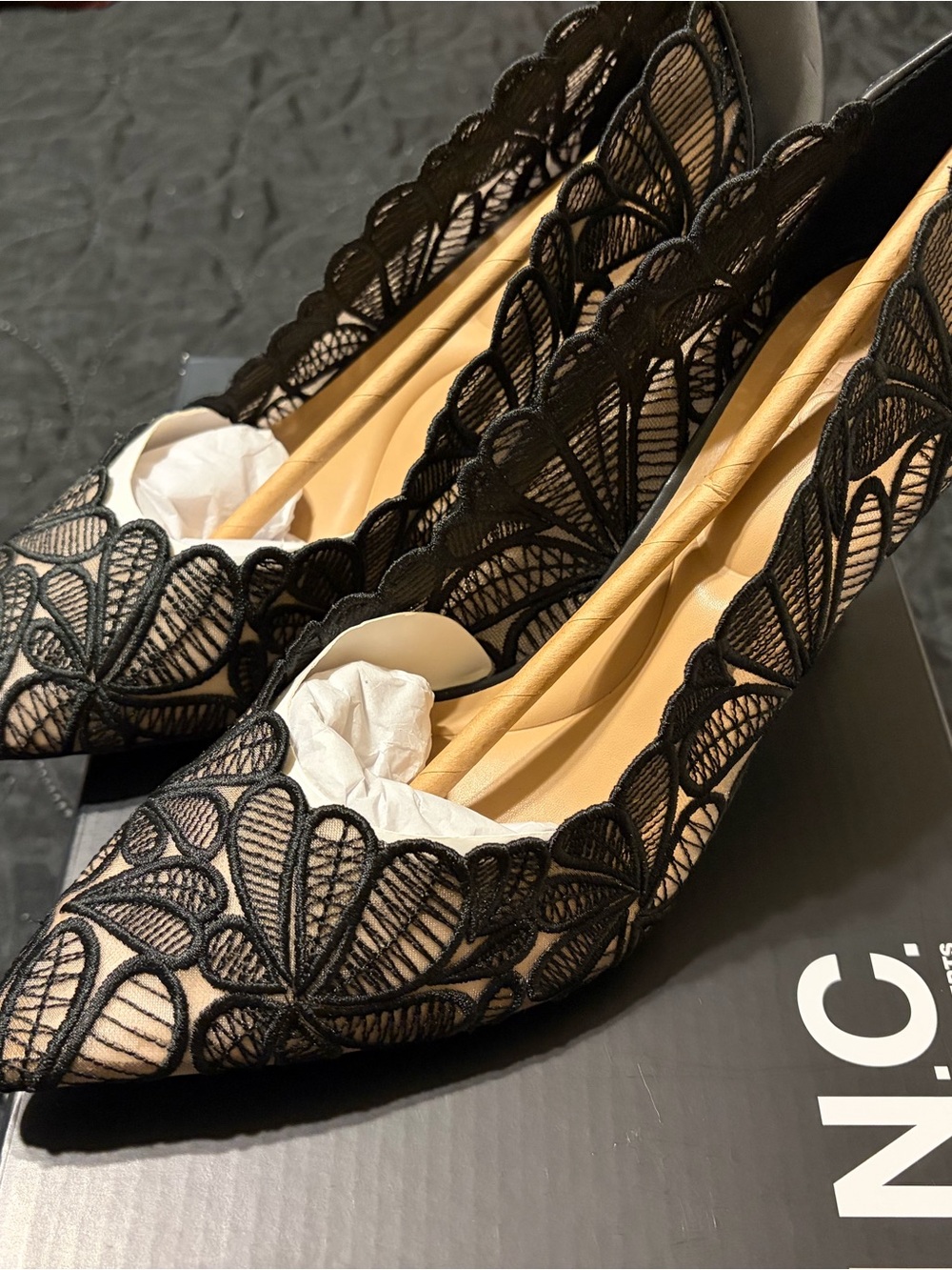 INC International Concepts Black Lace Pointed Toe Flats